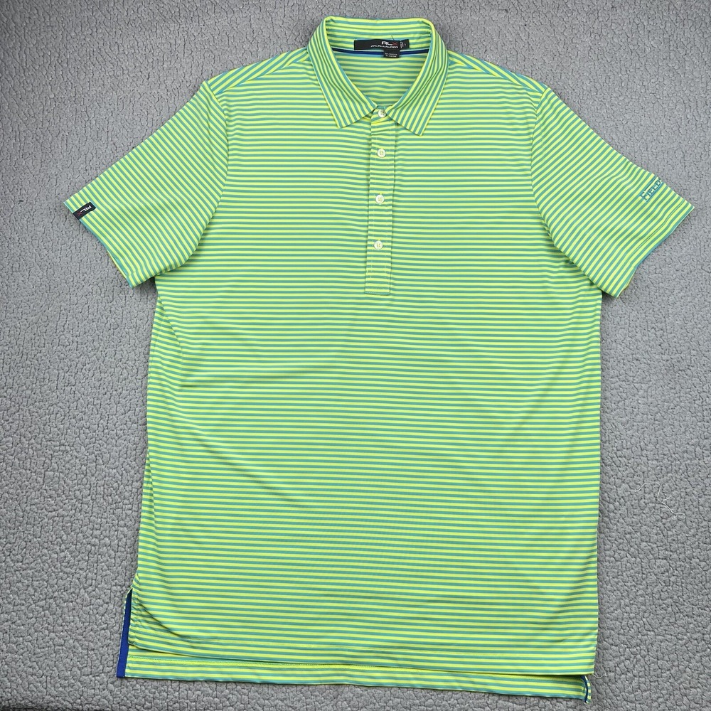 RLX Ralph Lauren Polo‎ Shirt Mens Large Yellow Blue Striped Stretch Golf Logo